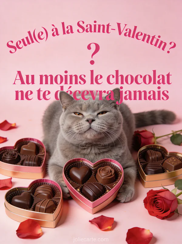 Chat british shorthair gris entouré de boîtes de chocolats en forme de cœur avec le texte Seul à la Saint-Valentin le chocolat ne te décevra jamais