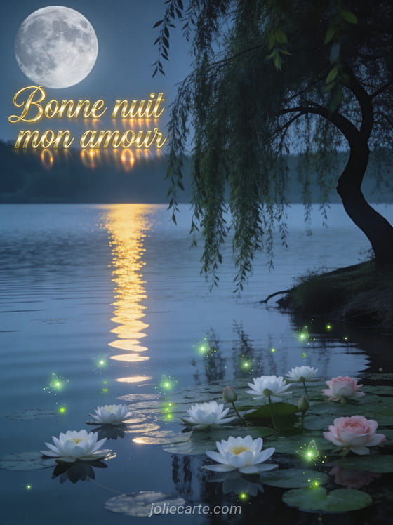 Clair de lune se reflétant sur un lac avec des nénuphars et des lucioles et le texte Bonne nuit mon amour