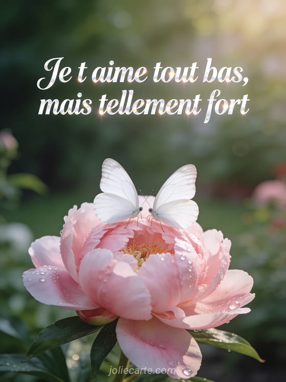 Deux papillons blancs posés sur une pivoine rose avec le texte Je t'aime tout bas mais tellement fort