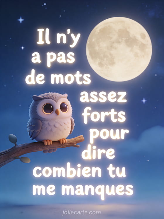 Hibou aux grands yeux assis sur une branche sous la lune et les étoiles avec le texte Tu me manques