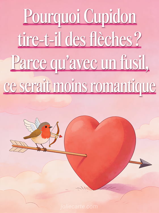 Oiseau rouge-gorge déguisé en Cupidon avec un arc perché sur une flèche dans un cœur géant avec une blague sur Cupidon