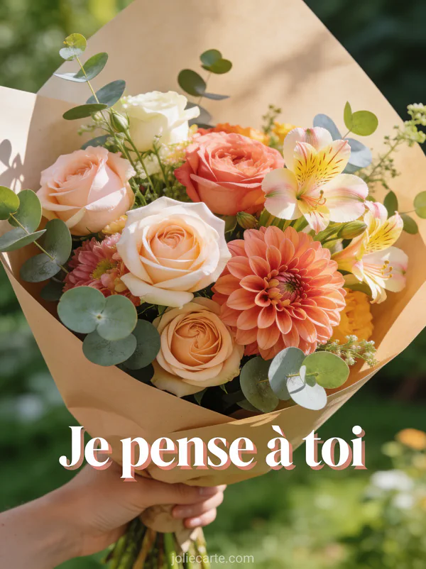 Bouquet de roses dahlias et freesias dans du papier kraft avec fond de jardin et le texte Je pense à toi