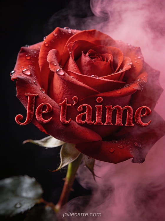 Rose rouge en gros plan avec gouttes de rosée sur fond noir et fumée rose avec le texte Je t'aime