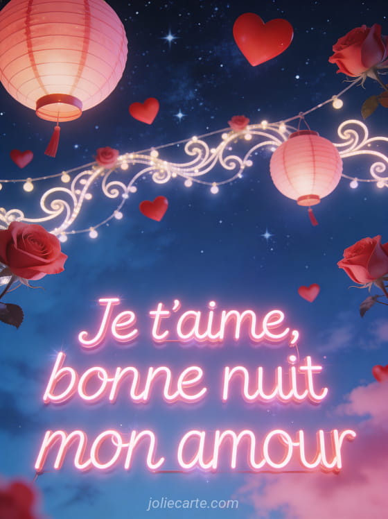 Cœurs roses et rouges flottant dans un ciel étoilé avec guirlandes lumineuses et le texte Je t'aime bonne nuit mon amour