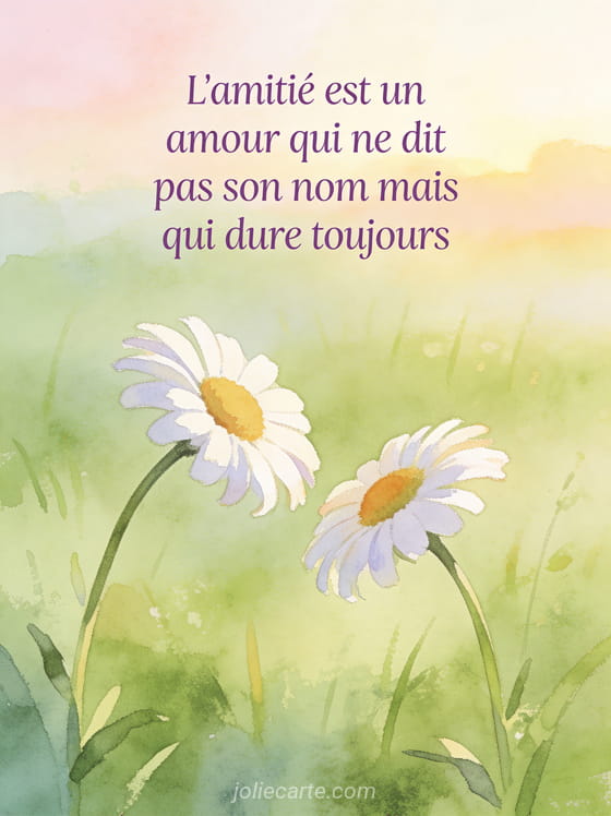 Deux marguerites penchées l'une vers l'autre dans un pré vert tendre en aquarelle avec le texte L'amitié est un amour