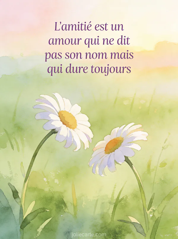 Deux marguerites penchées l'une vers l'autre dans un pré vert tendre en aquarelle avec le texte L'amitié est un amour