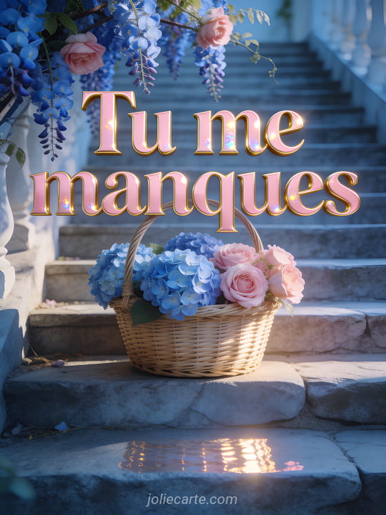 Hortensias bleus et roses dans un panier en osier sur un escalier en pierre sous une glycine avec le texte Tu me manques