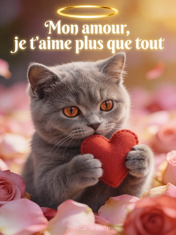 Chaton british shorthair gris tenant un petit cœur rouge entre ses pattes avec le texte Mon amour je t'aime plus que tout
