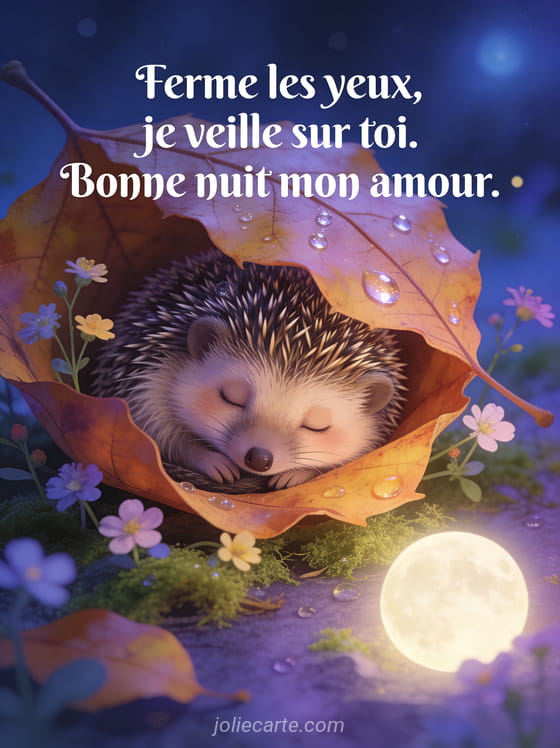 Petit hérisson endormi dans une feuille d'automne entouré de fleurs sauvages sous la lune avec le texte Bonne nuit mon amour