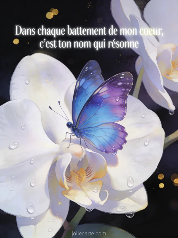Papillon bleu et violet posé sur une orchidée blanche avec gouttes de rosée et le texte C'est ton nom qui résonne