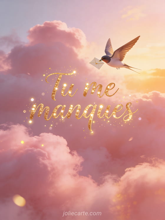 Hirondelle portant une lettre dans son bec au-dessus des nuages roses au lever du soleil avec le texte Tu me manques