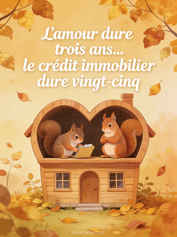Deux écureuils dans une petite maison en bois en forme de cœur avec le texte L'amour dure trois ans le crédit immobilier dure vingt-cinq