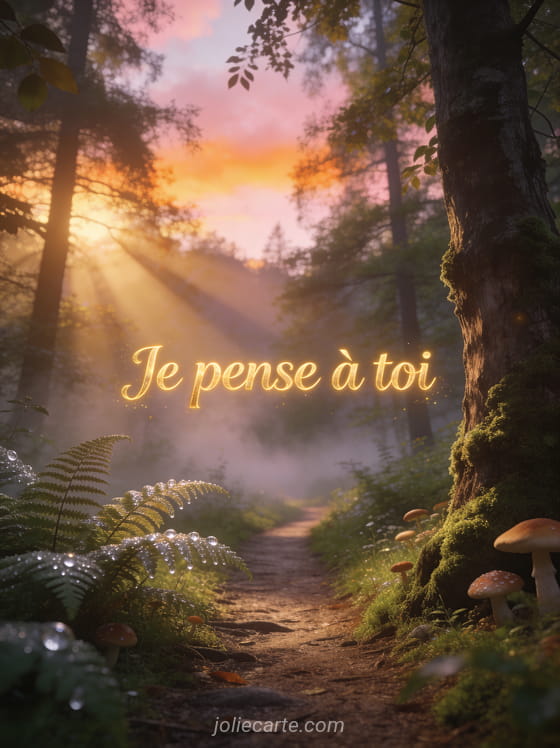 Sentier forestier au lever du soleil avec rayons de lumière à travers les arbres et brume et le texte Je pense à toi