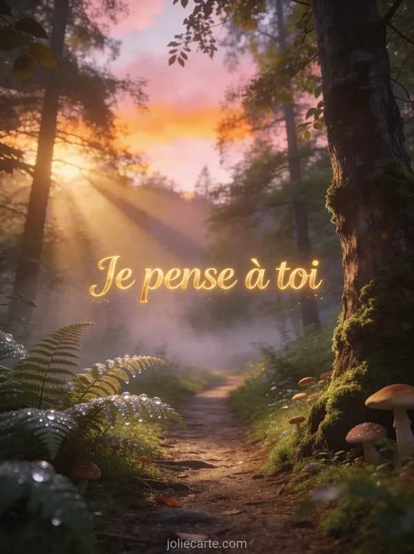 Sentier forestier au lever du soleil avec rayons de lumière à travers les arbres et brume et le texte Je pense à toi
