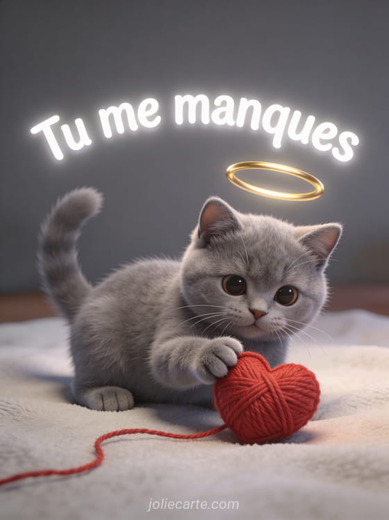 Chaton british shorthair gris jouant avec une pelote de laine rouge en forme de cœur avec le texte Tu me manques