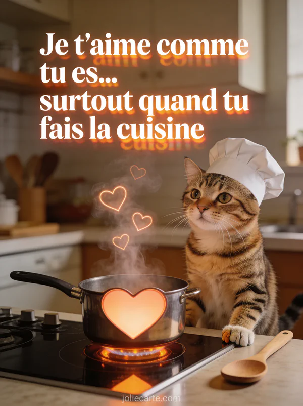 Chat tigré portant une toque de chef devant une casserole en forme de cœur avec le texte Je t'aime comme tu es surtout quand tu fais la cuisine
