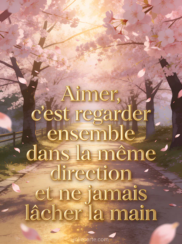 Chemin bordé de cerisiers en fleurs roses avec pétales tombant et le texte Aimer c'est regarder ensemble