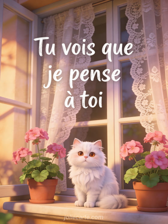Chat persan blanc aux yeux cuivrés sur un appui de fenêtre avec géraniums roses et le texte Tu vois que je pense à toi