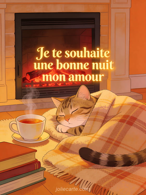 Chat tigré endormi sur un plaid près d'une cheminée avec une tasse de tisane et le texte Bonne nuit mon amour
