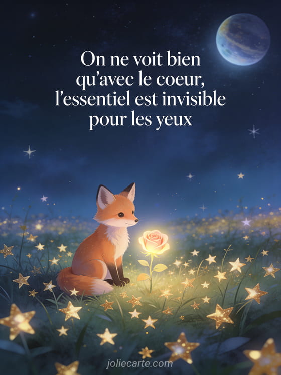 Petit renard assis dans un champ d'étoiles avec une rose lumineuse et ciel nocturne et le texte On ne voit bien qu'avec le cœur
