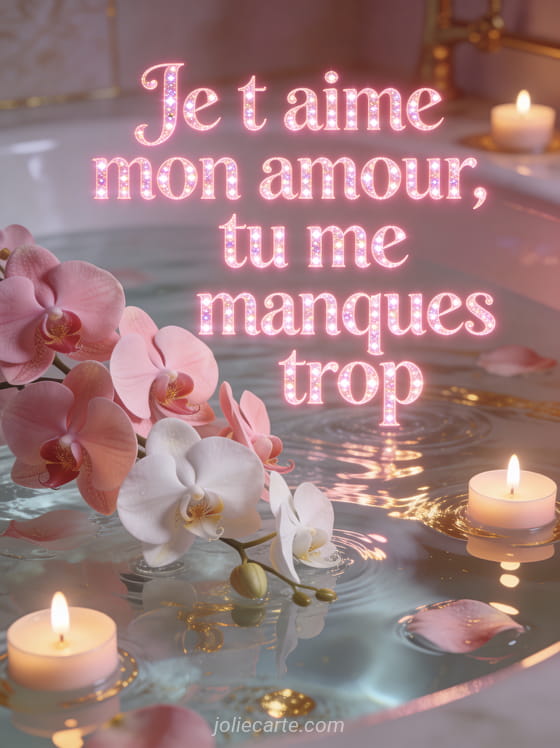 Orchidées roses et blanches flottant dans l'eau avec des bougies allumées et le texte Je t'aime tu me manques trop