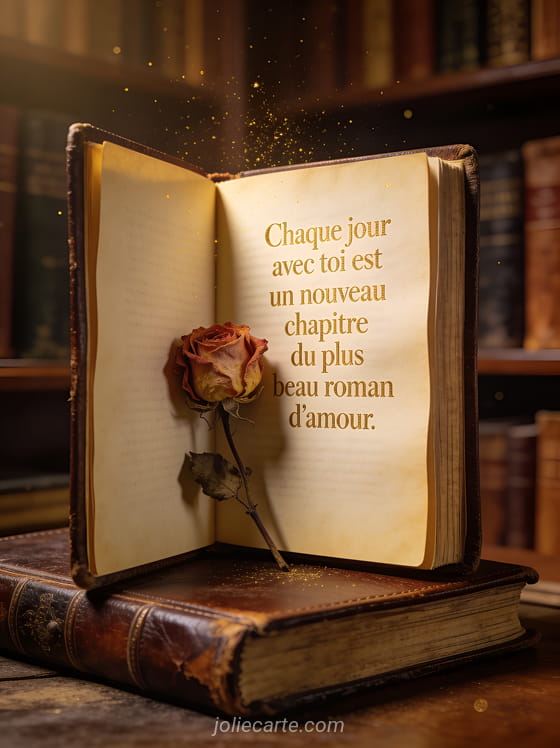 Vieux livre relié cuir ouvert avec rose séchée entre les pages et lumière de bibliothèque avec le texte Chaque jour avec toi