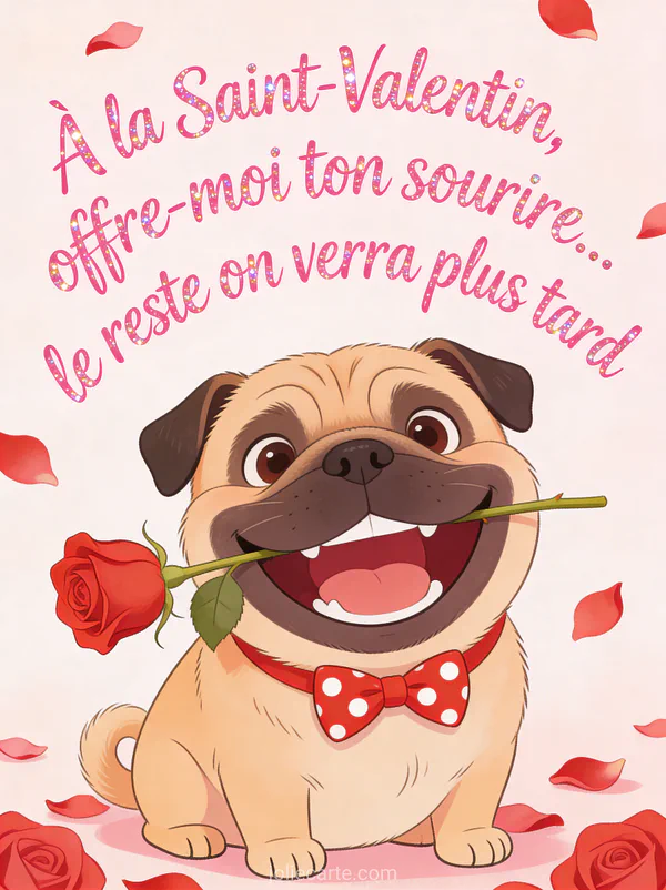 Chien carlin souriant tenant une rose rouge entre les dents avec un nœud papillon et le texte À la Saint-Valentin offre-moi ton sourire