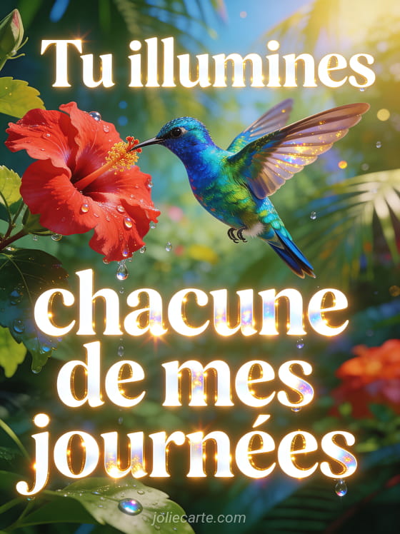 Colibri iridescent buvant le nectar d'un hibiscus rouge dans un jardin tropical avec le texte Tu illumines chacune de mes journées