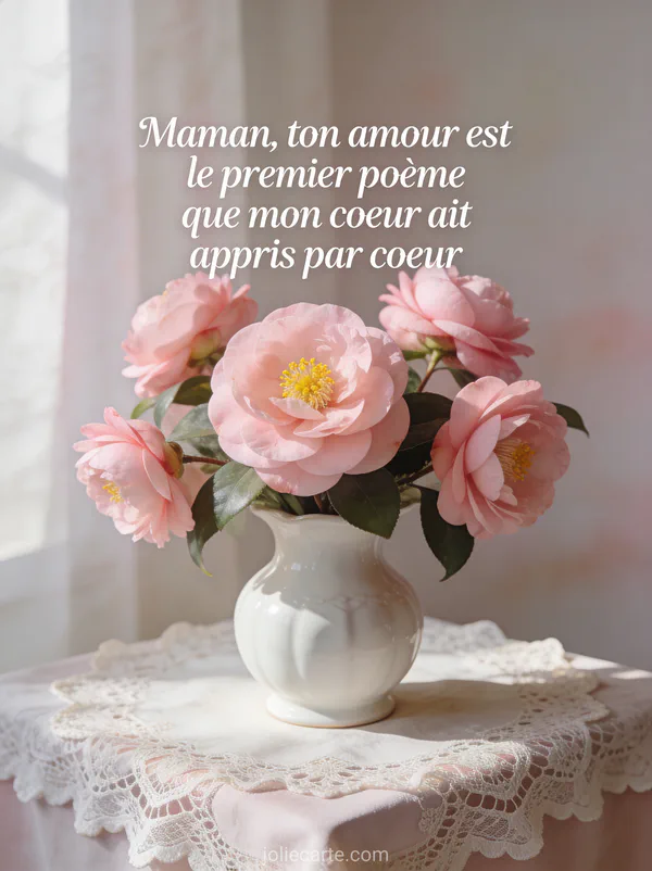 Camélias roses dans un vase en porcelaine blanche sur nappe en dentelle avec le texte Maman ton amour