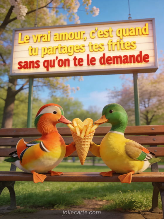Deux canards mandarins partageant un cornet de frites en forme de cœur sur un banc avec le texte Le vrai amour c'est partager ses frites