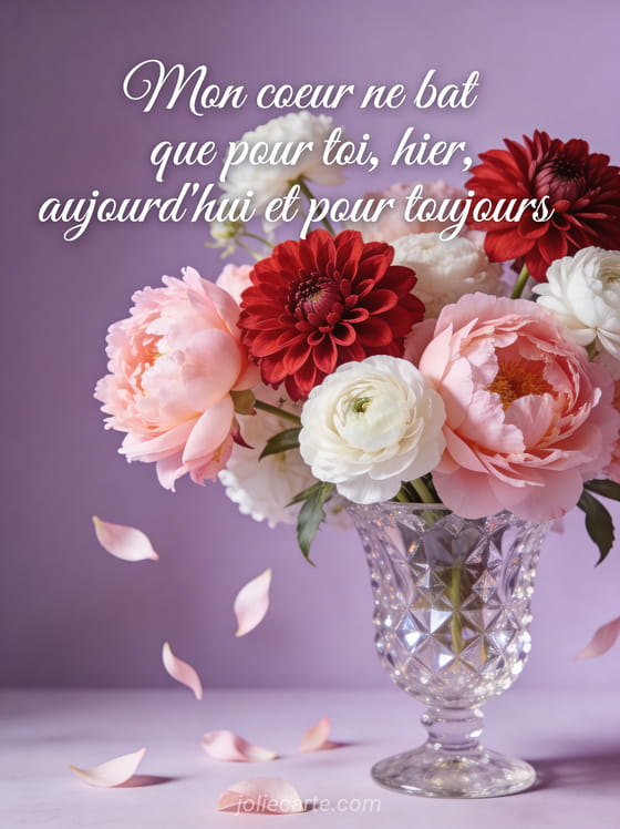 Arrangement de pivoines roses dahlias rouges et renoncules blanches dans un vase en cristal avec le texte Mon cœur ne bat que pour toi