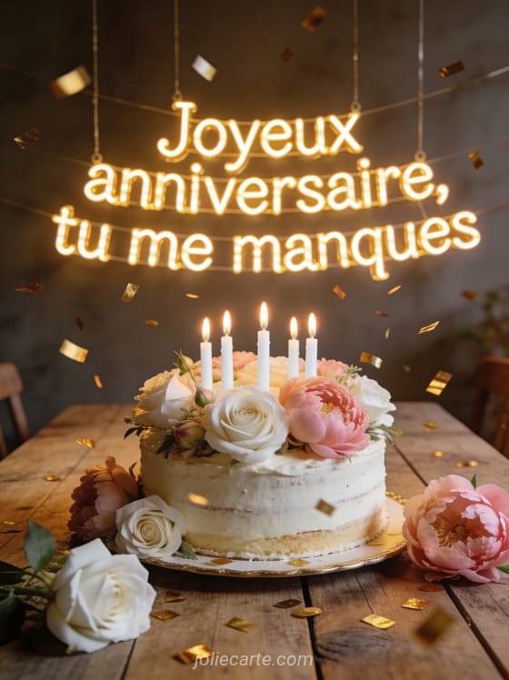 Gâteau d'anniversaire décoré de fleurs avec des bougies et des confettis dorés sur une table rustique