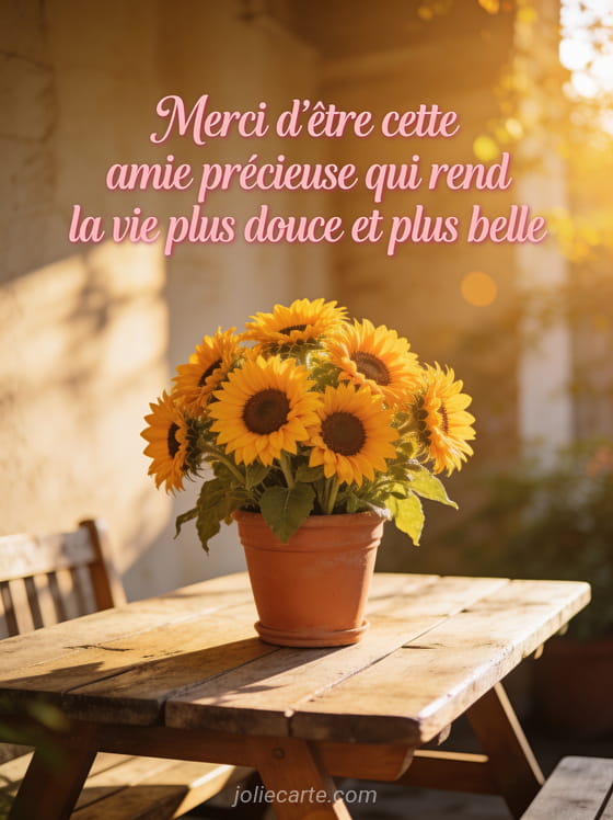 Bouquet de tournesols dans un pot en terre cuite sur table en bois avec le texte Merci d'être cette amie