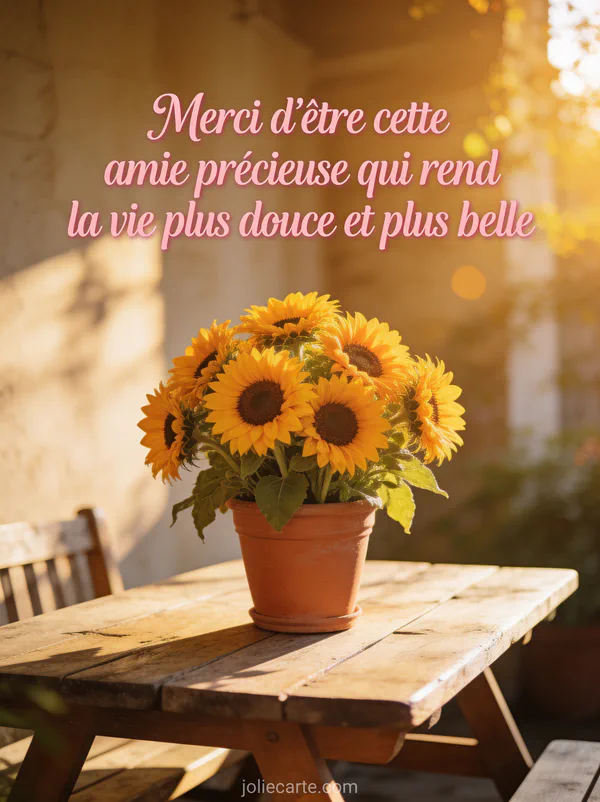 Bouquet de tournesols dans un pot en terre cuite sur table en bois avec le texte Merci d'être cette amie