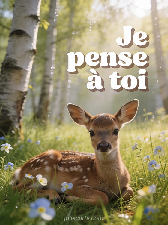 Bébé faon couché dans l'herbe avec des pâquerettes et lumière matinale à travers les bouleaux et le texte Je pense à toi