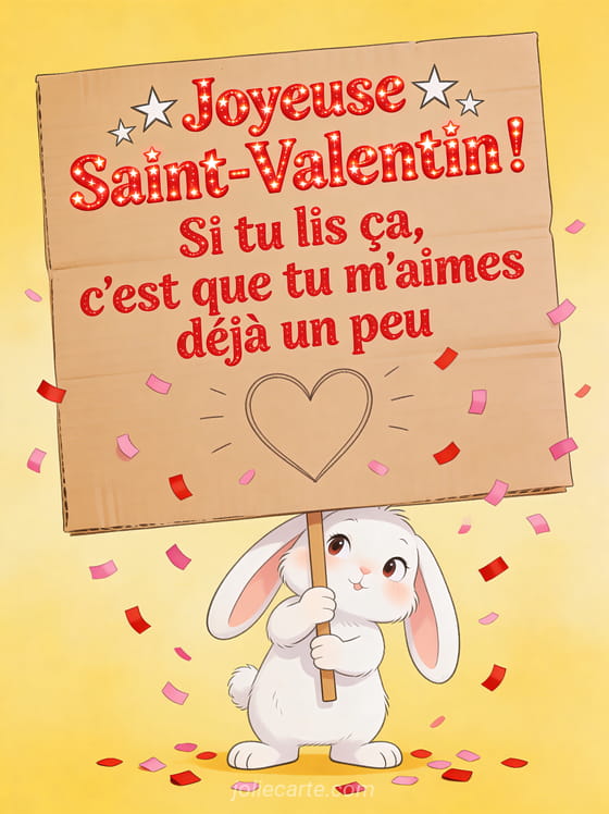 Lapin blanc tenant une pancarte avec un cœur entouré de confettis avec le texte Joyeuse Saint-Valentin si tu lis ça tu m'aimes déjà un peu