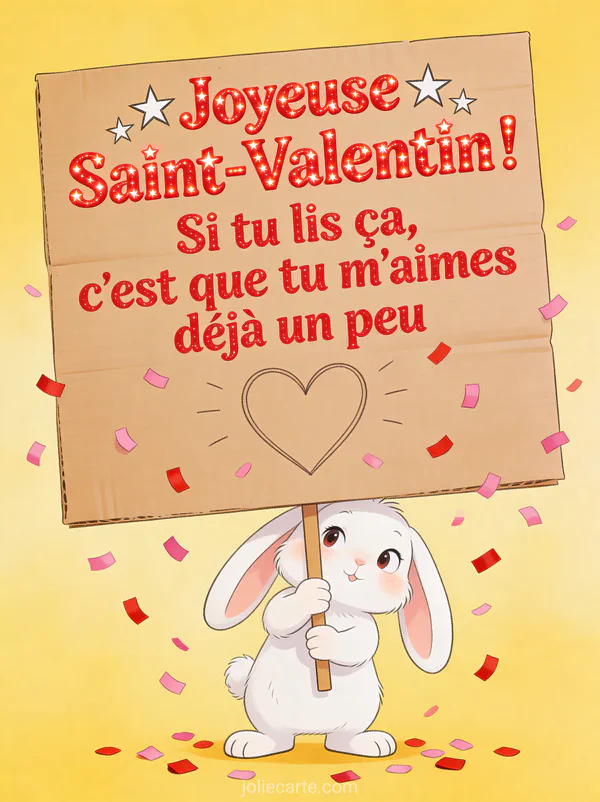 Lapin blanc tenant une pancarte avec un cœur entouré de confettis avec le texte Joyeuse Saint-Valentin si tu lis ça tu m'aimes déjà un peu