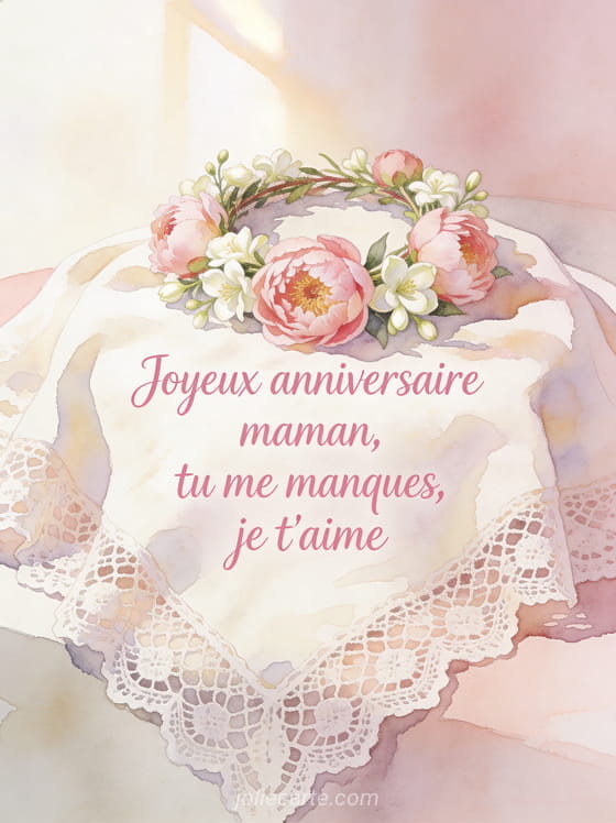 Couronne de pivoines et jasmin sur un châle en dentelle en aquarelle avec le texte Joyeux anniversaire maman