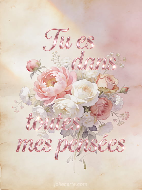 Arrangement de pivoines et roses anciennes en style aquarelle sur fond parchemin avec le texte Tu es dans toutes mes pensées