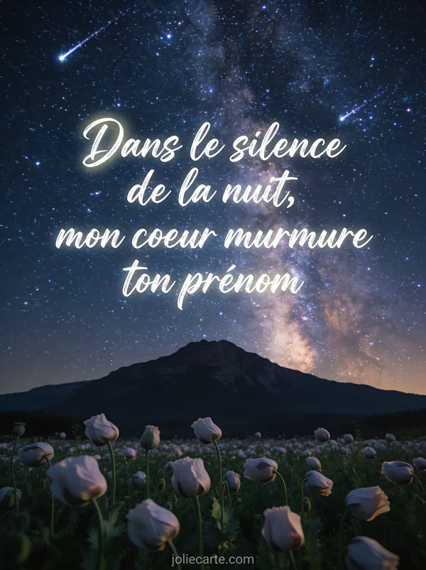 Ciel nocturne avec étoiles filantes et voie lactée au-dessus de coquelicots avec un poème d'amour bonne nuit