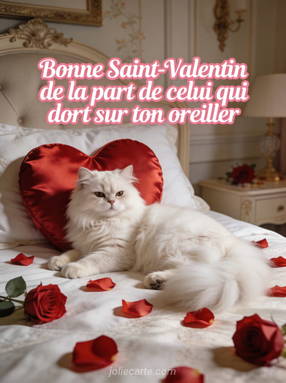 Chat persan blanc allongé sur un oreiller en satin rouge en forme de cœur avec le texte Bonne Saint-Valentin de celui qui dort sur ton oreiller