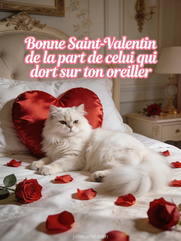 Chat persan blanc allongé sur un oreiller en satin rouge en forme de cœur avec le texte Bonne Saint-Valentin de celui qui dort sur ton oreiller