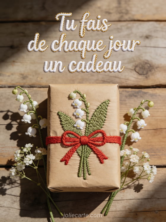 Cadeau en papier kraft avec nœud rouge entouré de muguet et gypsophile sur fond en bois avec le texte Tu fais de chaque jour un cadeau