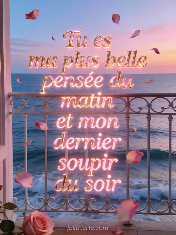 Pétales de rose portés par le vent au-dessus d'un balcon donnant sur la mer au crépuscule avec le texte Tu me manques je t'aime