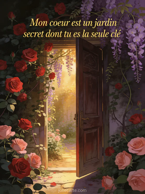 Porte ancienne entrouverte sur un jardin secret de roses grimpantes et glycine avec le texte Mon cœur est un jardin secret