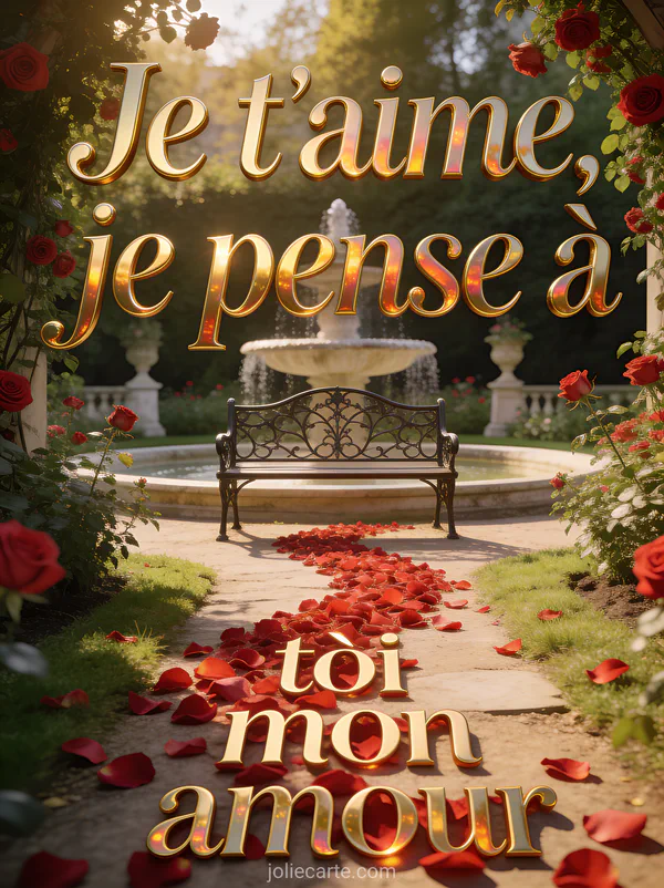 Pétales de roses rouges menant à un banc en fer forgé dans un jardin avec fontaine et rosiers et le texte Je t'aime je pense à toi mon amour