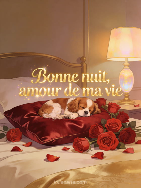 Petit cavalier King Charles endormi sur un coussin de soie bordeaux entouré de roses rouges et le texte Bonne nuit amour de ma vie