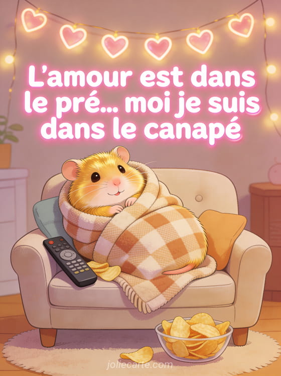 Hamster doré enroulé dans un plaid sur un mini canapé avec chips et télécommande avec le texte L'amour est dans le pré moi je suis dans le canapé