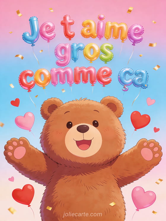 Gros ours brun en peluche les bras grands ouverts entouré de cœurs avec le texte Je t'aime gros comme ça