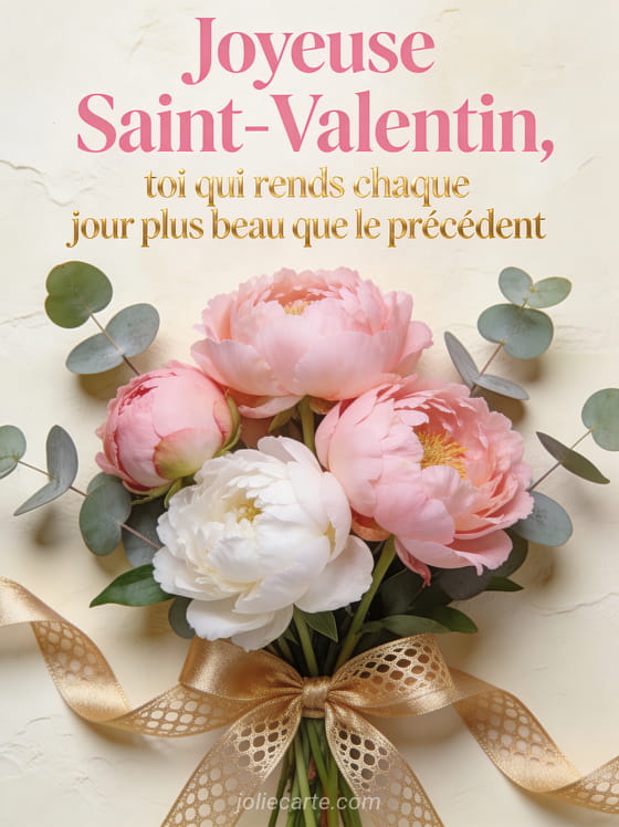 Pivoines roses et blanches avec feuilles d'eucalyptus et ruban doré sur fond crème avec le texte Joyeuse Saint-Valentin